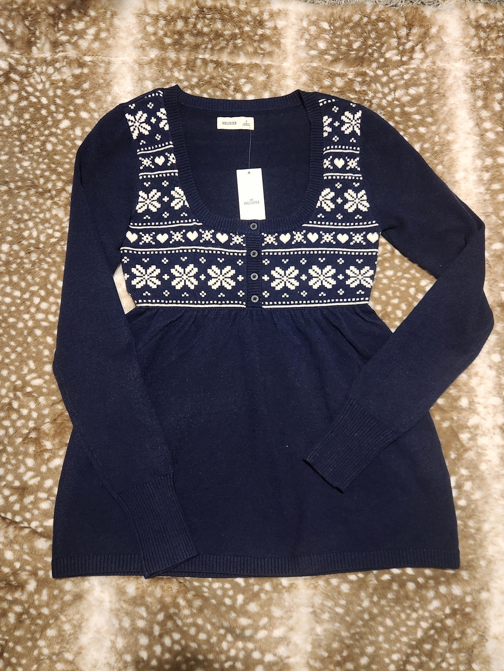 Hollister Navy Blue snowflake babydoll sweater brand new with tags
